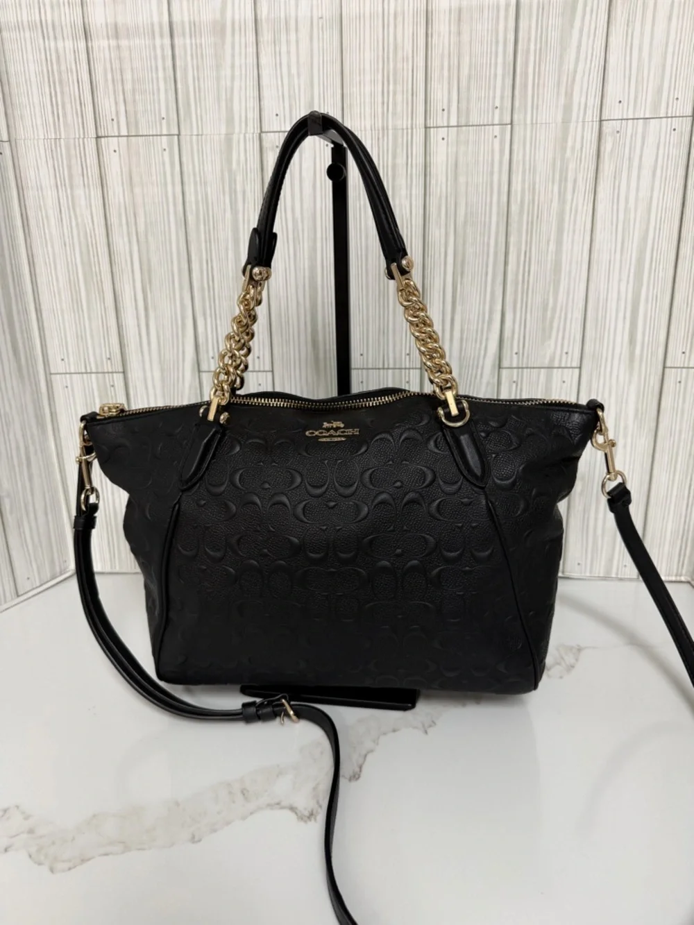 Coach Black Signature Debossed Leather Tote Chain Strap Crossbody Bag - Picture 2 of 16